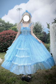 Blue [Moonlight Sonata] Ruffle Cardigan Bowknot Lace Sweet Vintage Lolita Jsk Dress - Blue - 1