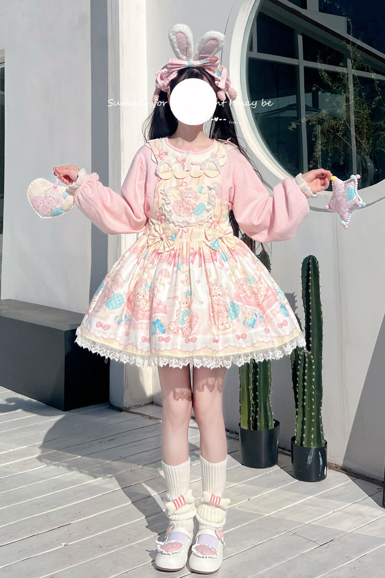 Kawaii Bears Print Yellow Bowknot Stitching Lace Sweet Lolita Strap Dress - Product - 5
