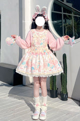 Kawaii Bears Print Yellow Bowknot Stitching Lace Sweet Lolita Strap Dress - Product - 5