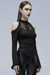 Black Long Trumpet Sleeves Print Hollow Stitching Lace-Up Womens Gothic Blouse - Product - 2