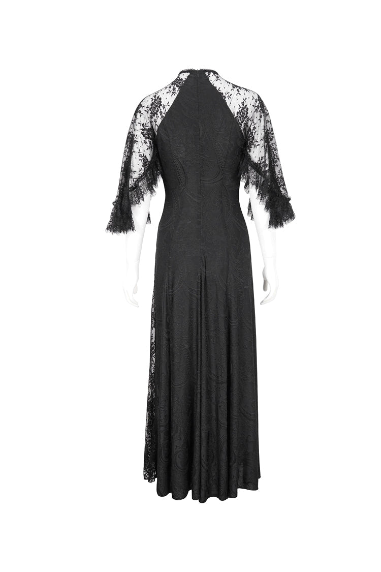 Black Stretch Printed Knit Panel Lace High Slit Asymmetric Women's Gothic Dress - Product - 7