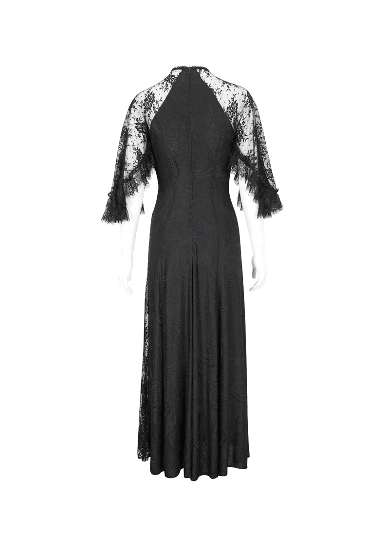 Black Stretch Printed Knit Panel Lace High Slit Asymmetric Women's Gothic Dress - Product - 7