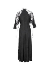 Black Stretch Printed Knit Panel Lace High Slit Asymmetric Women's Gothic Dress - Product - 7