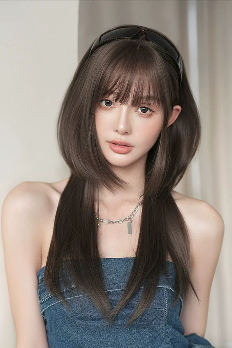 Cool Brown Japanese Style High Layers Hime Cut Long Straight Sweet Lolita Wig - Cool-Brown - 1