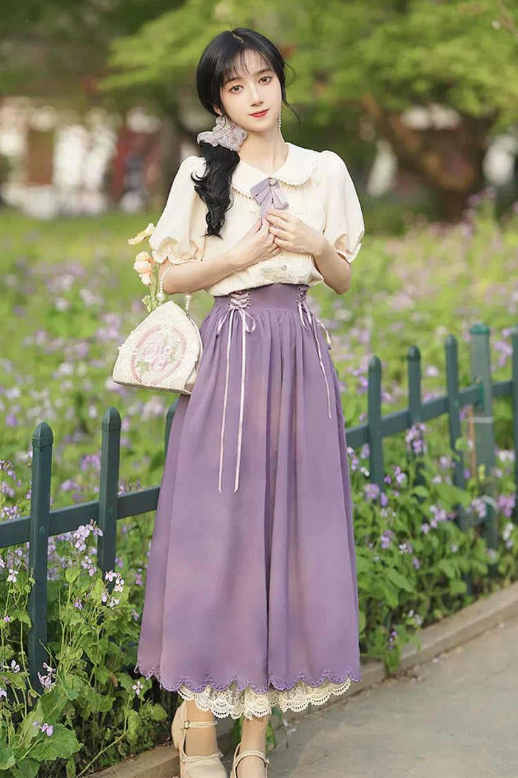 Solid Color Lapel Collar Short Sleeves High Waisted Lace-Up Wave Hem Classic Lolita Two-Piece Skirt Set 7 Colors - Product - 2