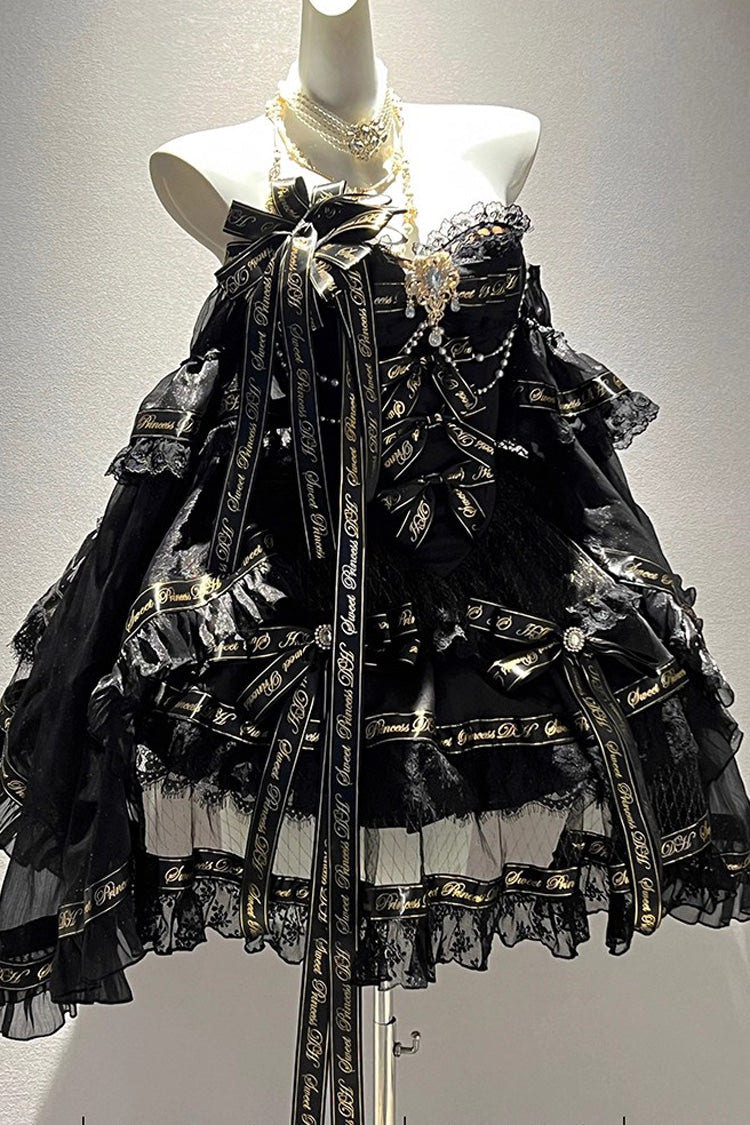 Black [Golden Obsidian Night] Sleeveless Double-Layered Ruffle Bowknot Pearl Gothic Princess Lolita Dress - Product - 2