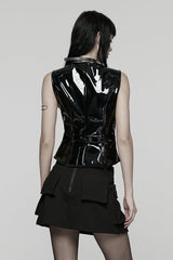 Black V Collar Sleeveless Buckle Zipper Faux Leather Women's Gothic Vest - Product - 3