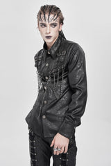 Black Lapel Collar Long Sleeves Buckled Strappy Chain-Decorated Men's Punk Shirt - Product - 4