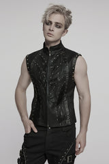 Black Stand Collar Stitching Mesh Men's Punk Vest - Product - 2