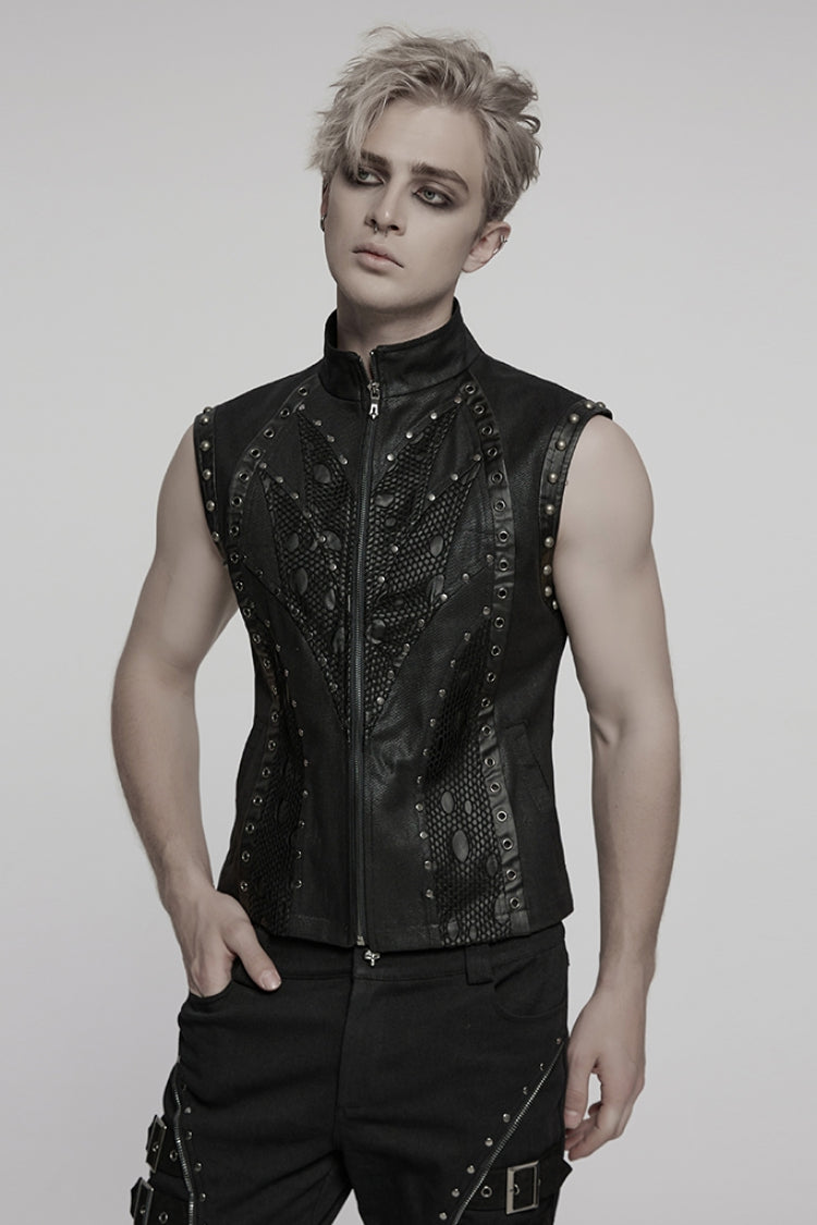 Black Stand Collar Stitching Mesh Men's Punk Vest - Product - 2