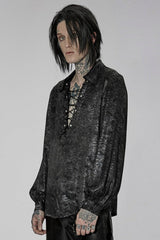 Black/Silver Stand Collar Long Puff Sleeves Print Lace-Up Metal Decoration Mens Gothic Blouse - Product - 2
