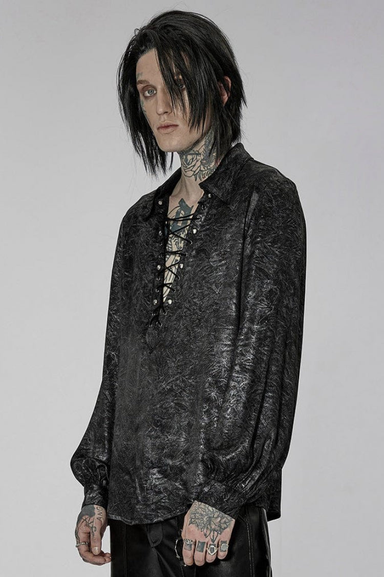 Black/Silver Stand Collar Long Puff Sleeves Print Lace-Up Metal Decoration Mens Gothic Blouse - Product - 2