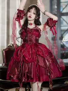 Ruffle Bow Fairy Gothic Hime Lolita JSK with Oversleeves – 5 Colors detail view 7