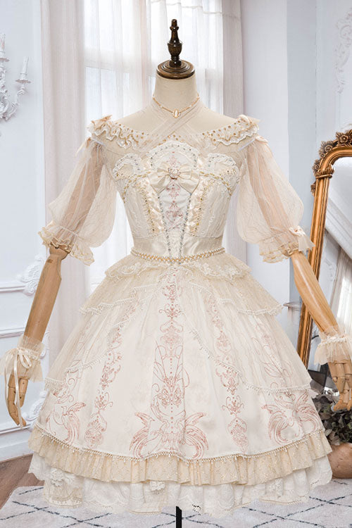 Apricot Gorgeous Hanayome Bowknot Lace Elegant Ruffled Sweet Lolita JSK Dress - Product - 6
