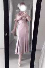 Jirai Kei Stand Collar Off Shoulder Long Sleeves Embroidered Lace Sweet Japanese Fishtail Dress 2 Colors - Product - 5