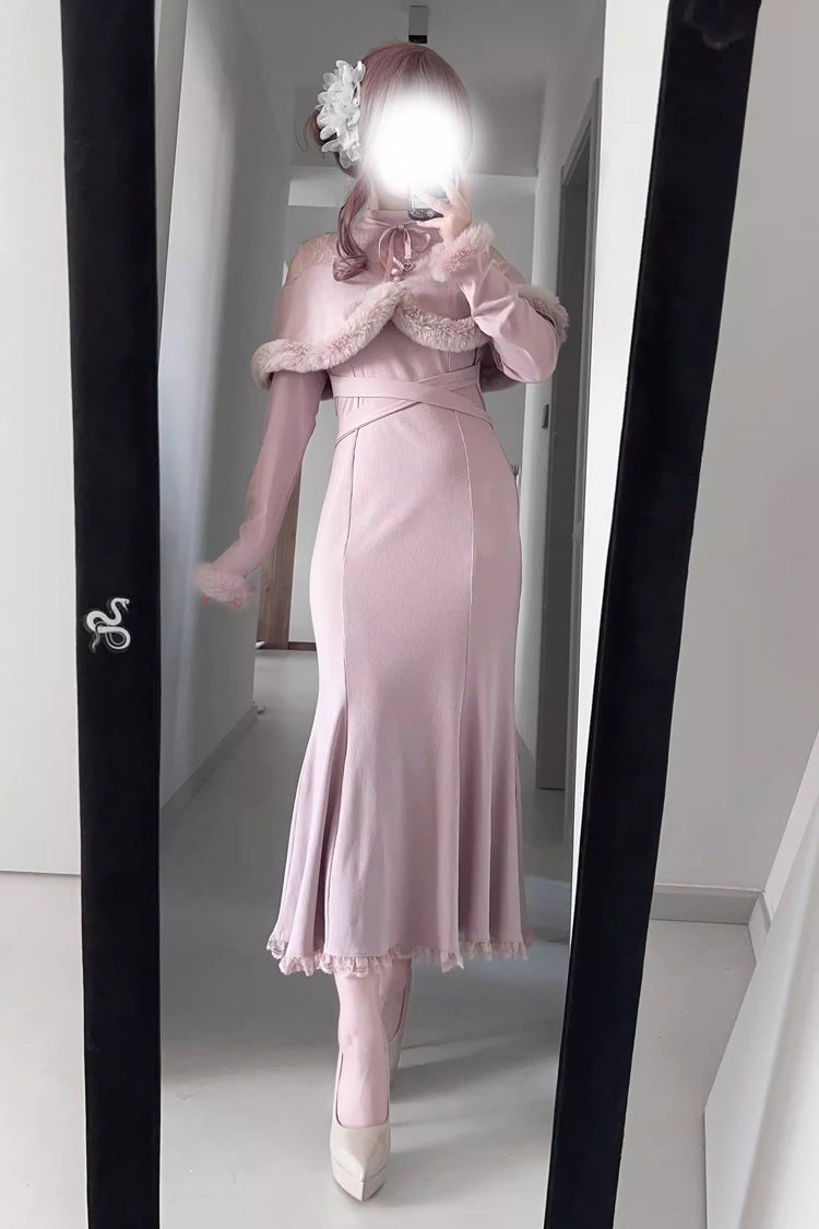 Jirai Kei Stand Collar Off Shoulder Long Sleeves Embroidered Lace Sweet Japanese Fishtail Dress 2 Colors - Product - 5