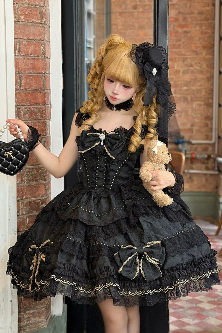 Black [Day and Night Duality] Square Collar Sleeveless Multi-Layered Jacquard Ruffled Bow Lace Gothic Lolita Jsk Dress - Black - 1