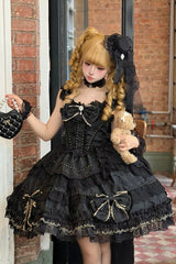 Black [Day and Night Duality] Square Collar Sleeveless Multi-Layered Jacquard Ruffled Bow Lace Gothic Lolita Jsk Dress - Black - 1
