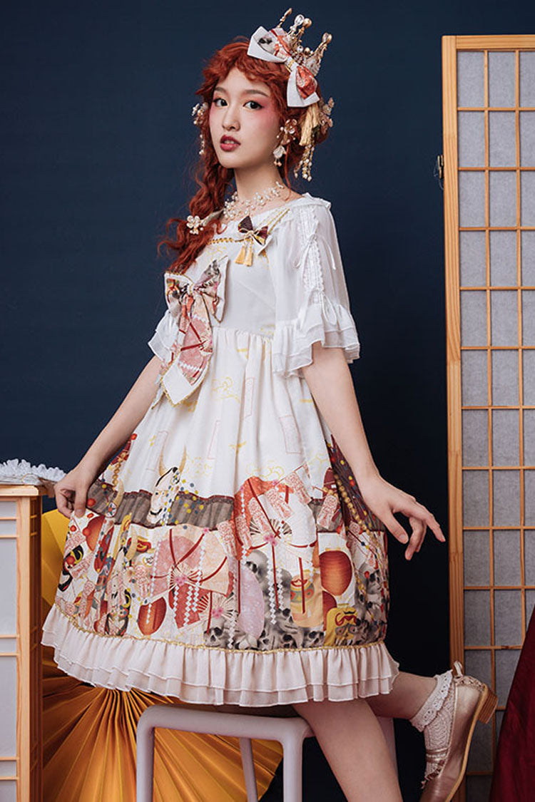 White Demon Mask Print Bowknot High Waisted Sling Sweet Lolita Dress - Product - 4