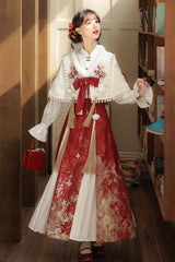 Red/White Lapel Collar Long Sleeves High Waisted Jacquard Print Embroidery Pleated Women's Chinese Style Gorgeous Hanfu Dress Set - Product - 5