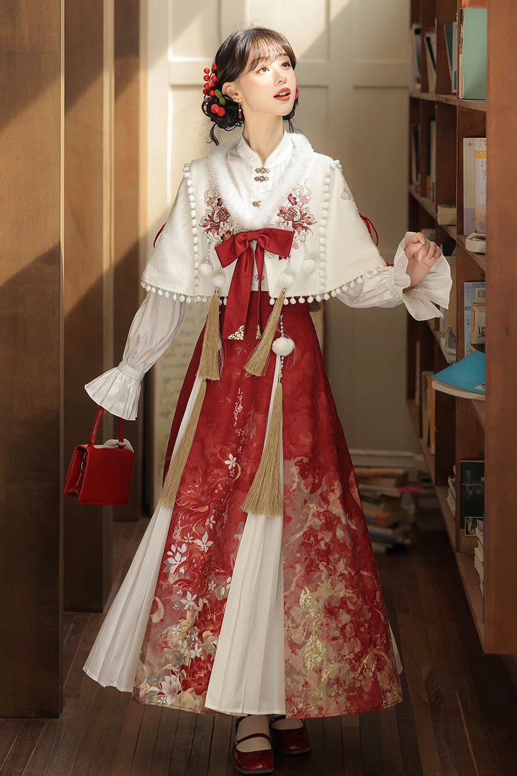 Red/White Lapel Collar Long Sleeves High Waisted Jacquard Print Embroidery Pleated Women's Chinese Style Gorgeous Hanfu Dress Set - Product - 5