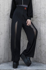 Black High Waist Wide Legged Stitching Women's Steam Punk Strap Pants - Black - 1
