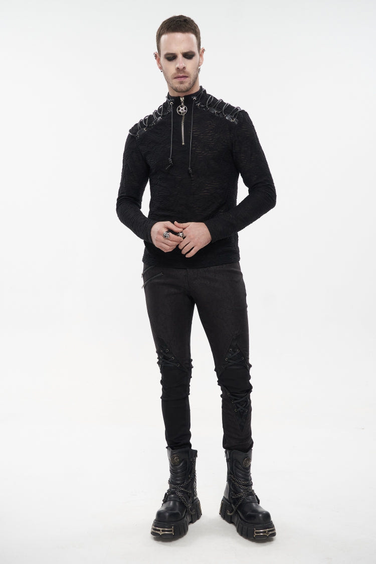 Black Punk High Collar Long Sleeve Stitched Metal Lace-Up Pentagram Hollow Texture Design Men's T-Shirt - Product - 7