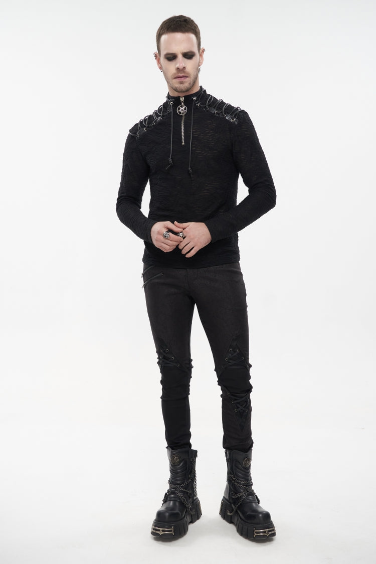 Black Punk High Collar Long Sleeve Stitched Metal Lace-Up Pentagram Hollow Texture Design Men's T-Shirt - Product - 7