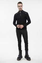 Black Punk High Collar Long Sleeve Stitched Metal Lace-Up Pentagram Hollow Texture Design Men's T-Shirt - Product - 7