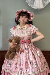 Pink Bear Doll Wall Print Short Sleeves Ruffle Embroidery Bowknot Sweet Lolita Dress - Product - 4