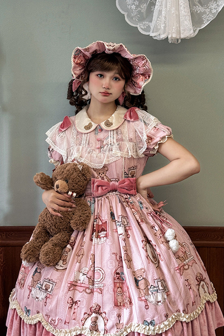 Pink Bear Doll Wall Print Short Sleeves Ruffle Embroidery Bowknot Sweet Lolita Dress - Product - 4