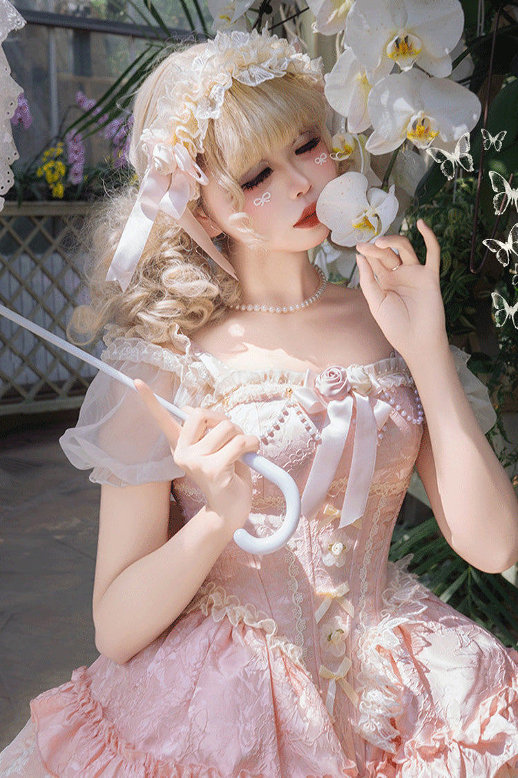 Pink Sleeveless Multi-Layered Ruffle Bowknot Lace Lace-Up Sweet Princess Lolita Jsk Dress - Product - 2