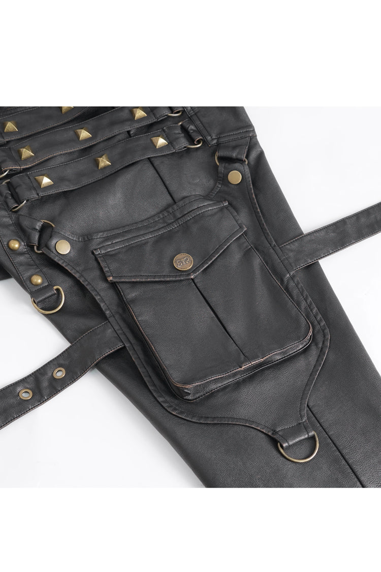 Black Big Pocket Bronze Studded Faux Leather Men's Gothic Pants - Product - 10