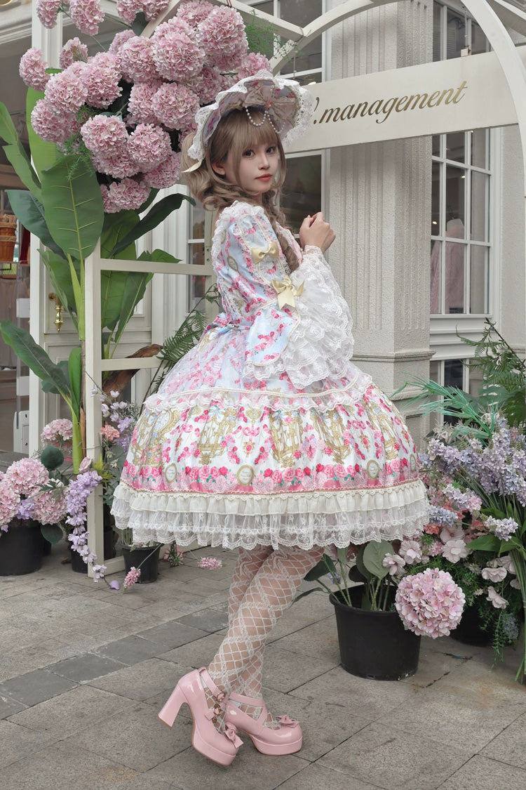 Blue/Pink [Rose Garden Prelude] Square Collar Long Trumpet Sleeves Printed Ruffled Bow Lace Lace-Up Sweet Lolita Dress - Product - 9