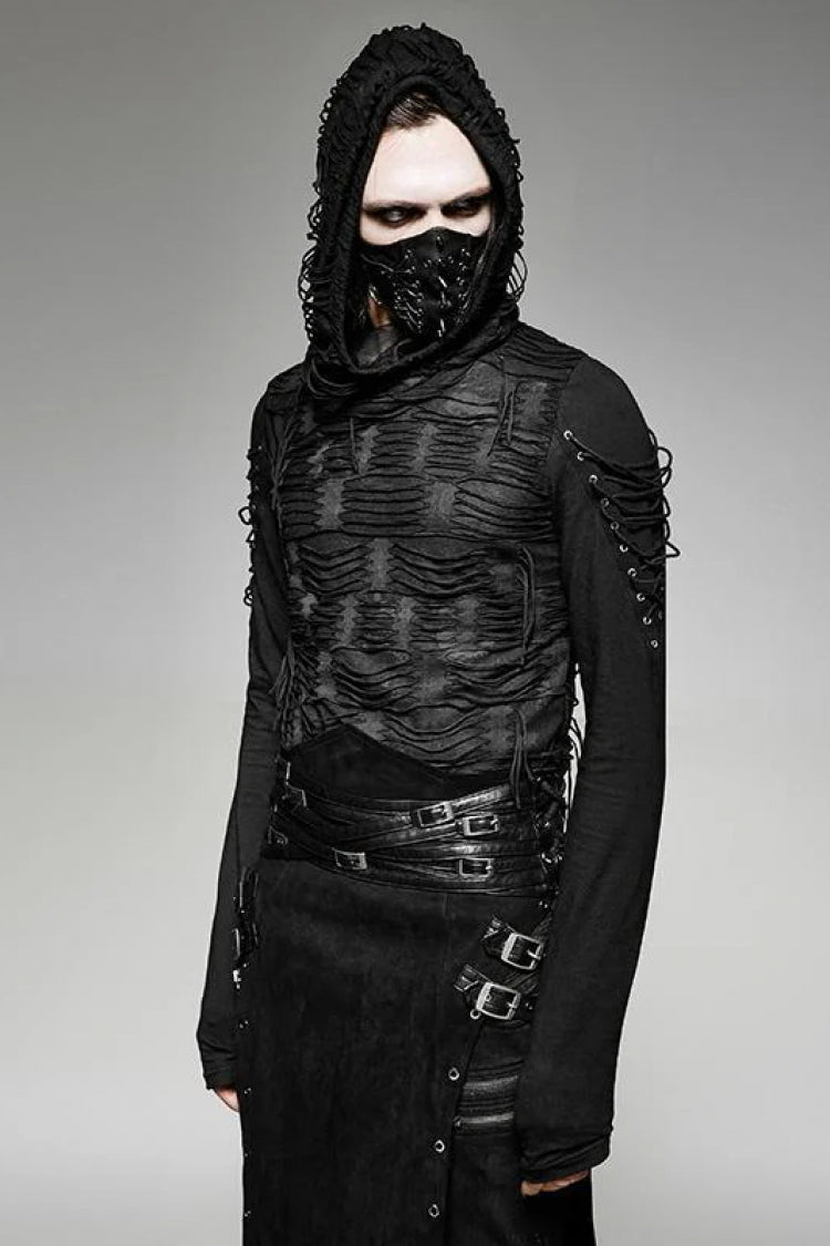 Black Hooded Ripped Men's Gothic Sweater - Product - 3