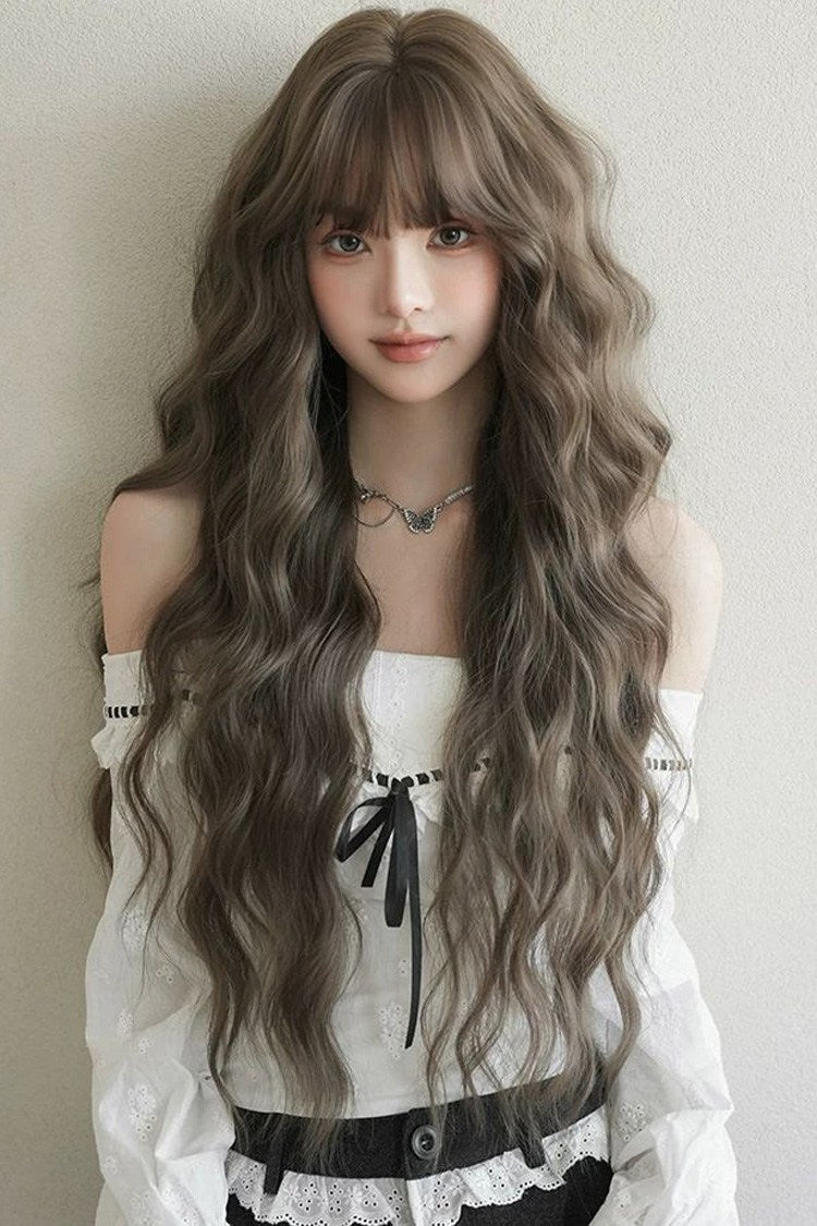 Hazelnut Ash Brown Fluffy Natural Water Wave Curly  Sweet Daily Lolita Long Wig - Hazelnut-Ash-Brown - 1