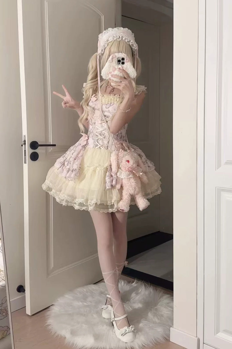 [Summer Butterfly] Square Collar Flutter Sleeves Multi-Layered Printed Ruffled Bow Lace Sweet Lolita Jsk Dress 5 Colors (Blue, Pink, Purple, Green, Beige) - Pink - 13