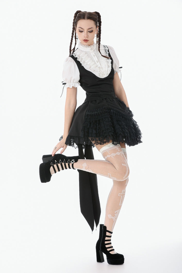 Black/White Short Puff Sleeves Lace Ruffled Stand Collar Women's Gothic Royal Blouse - Product - 9