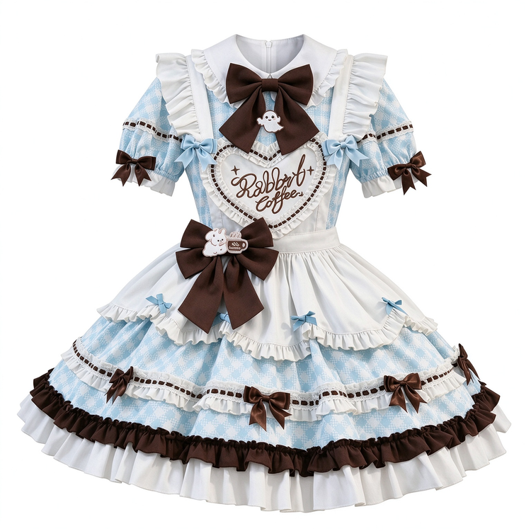 Sweet Plaid and White Lace Maid Lolita Dress with Apron