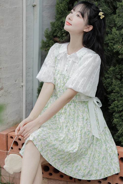 Green Doll Collar Puff Short Sleeve Chiffon Floral Print High Waisted Sweet Lolita Dress - Product - 4