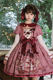 Red Short Sleeves Rabbit Sunflower Print Ruffle Embroidery Bowknot Sweet (Set) front view