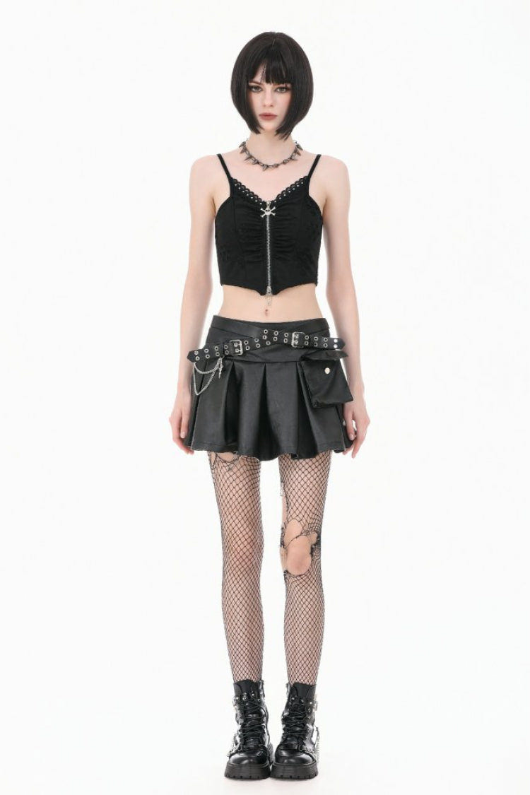 Black Cross Belt Chain-Decorated Lace-Up Women's Punk Pleated Skirt - Product - 7