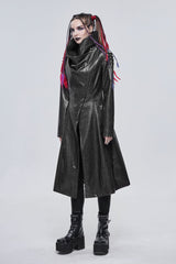 Black/Gray Large Neckline Design Long Leather Shoulder String Decoration Women's Punk Jacket - Product - 3