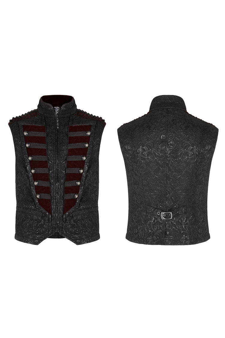 Black Jacquard Velvet Splice Weft Stand Up Collar Front Chest Breasted Decoration Men's Gothic Vest - Product - 4