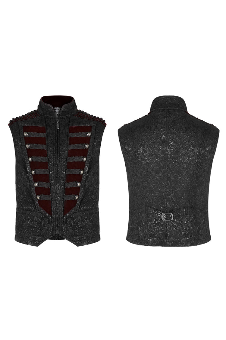 Black Jacquard Velvet Splice Weft Stand Up Collar Front Chest Breasted Decoration Men's Gothic Vest - Product - 4