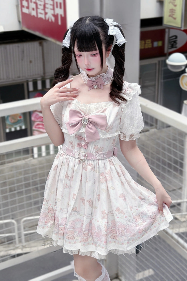 Pink [Teddy Bear Party] Square Collar Short Sleeves Printed Ruffled Bow Lace Sweet Jirai Kei Japanese Dress - Product - 4