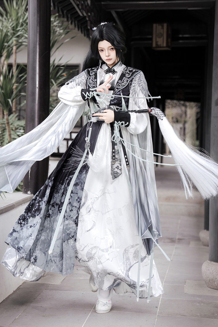 Black/White [Magpie Feather] Stand Collar Long Sleeves High Waisted Printed Embroidered Women's Classic Hanfu Dress Set - Black/White - 1