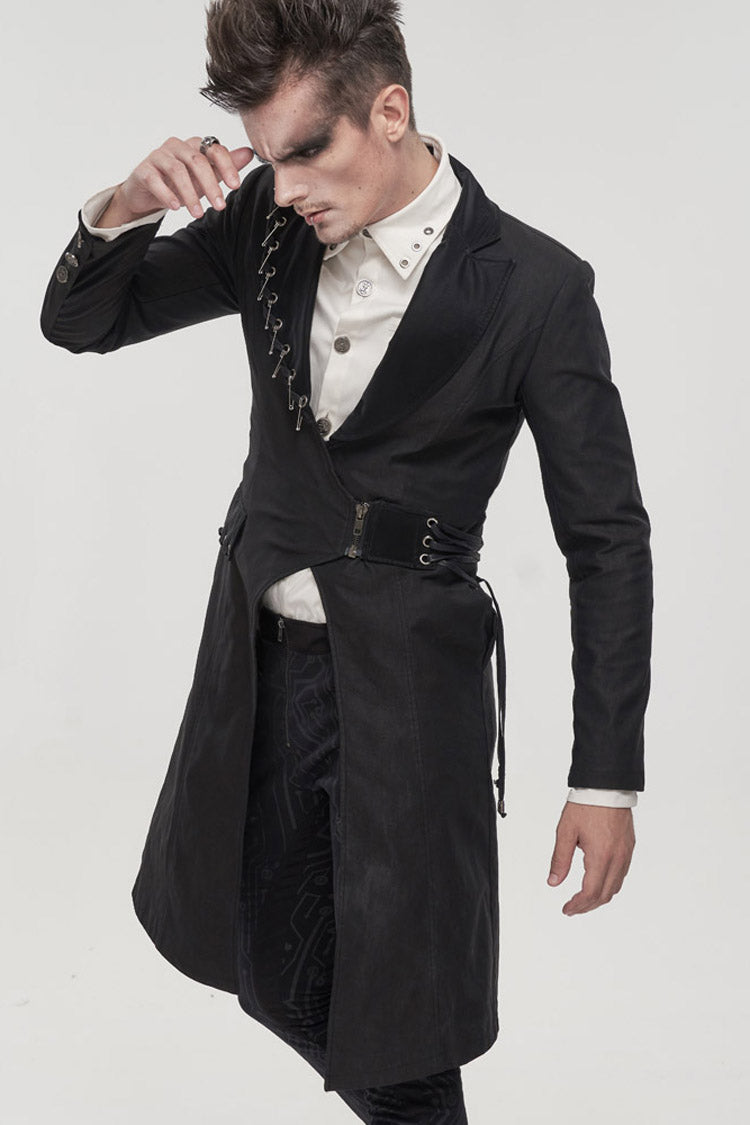 Black Punk Twill Imitation Leather Metal Pin Decoration Drawstring Design Long Men's Coat - Product - 3