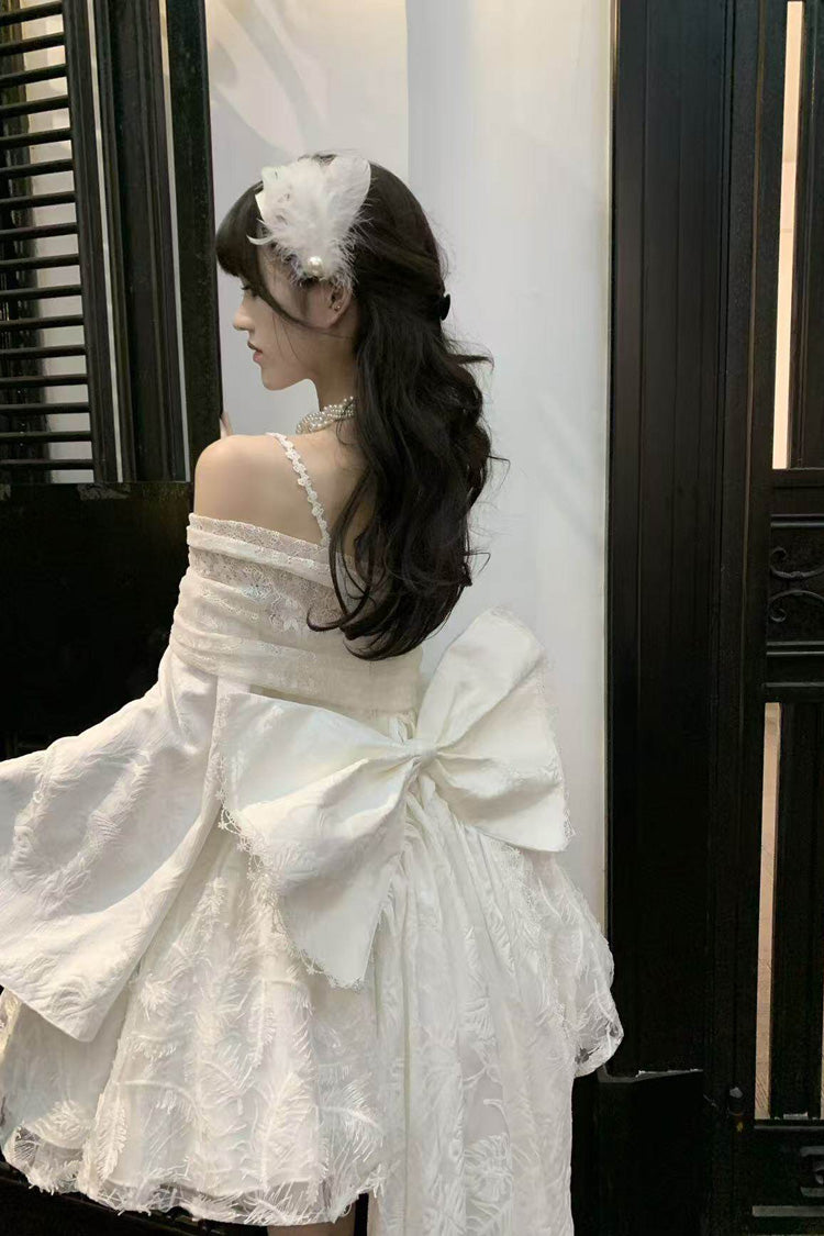 White [Moonlight] Off Shoulder Jacquard Embroidered Bow Gothic Lolita Jsk Short Dress - Product - 6