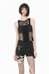 Black Women's Punk Sleeveless Studded Pentagram Sheer Mesh Splice Tank Top - Black - 1